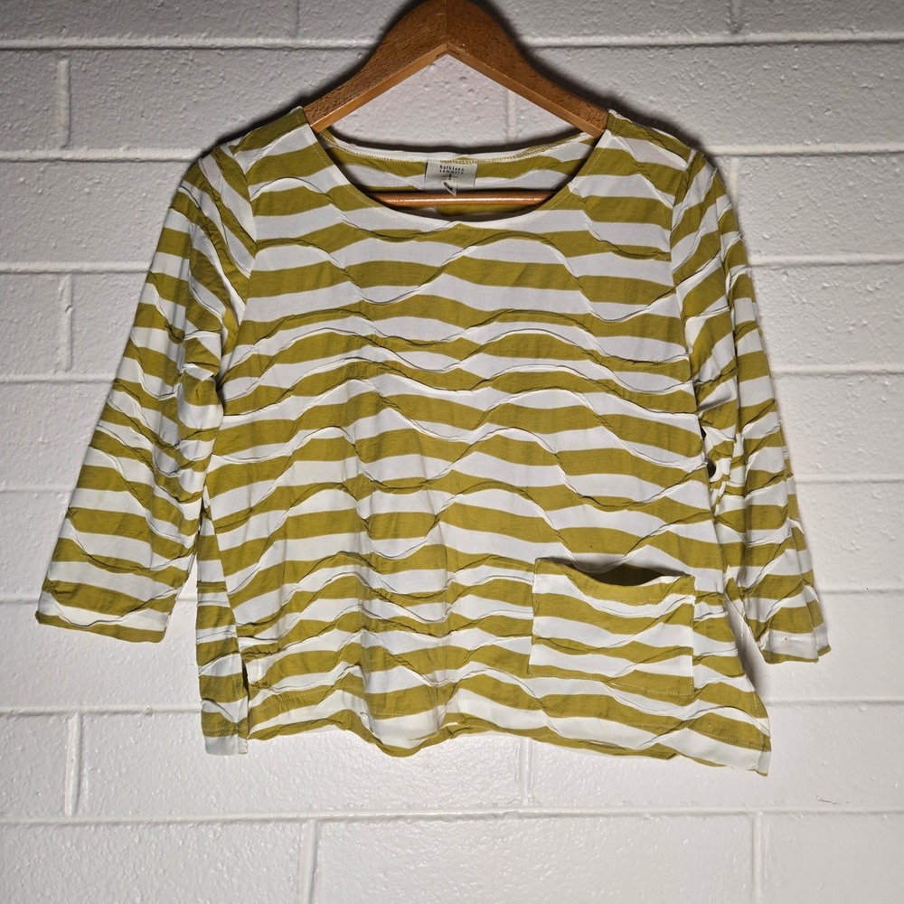 Kathleen Sommers Striped Textured Top Medium 3/4 Sleeve USA Maximalist Artsy